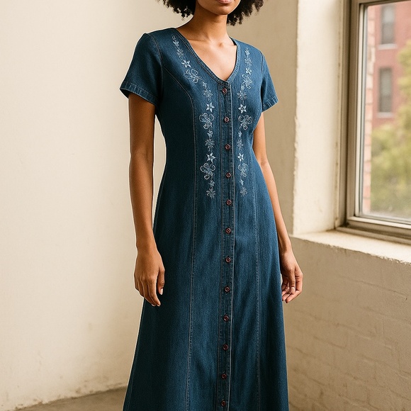 Vintage Dresses & Skirts - Vintage 90s Blue denim embroidered Maxi dress